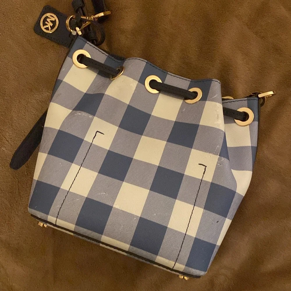 Michael Kors Small Gingham Bucket Bag White and Blue